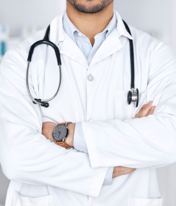 Healthcare pharmacy, arms crossed and person confident in retail service, hospital clinic or medica