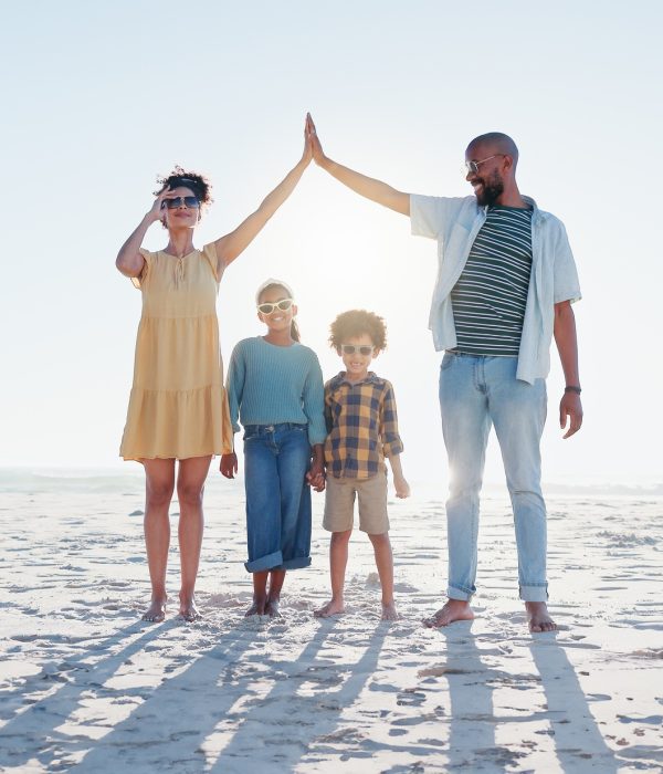Smile, high five or insurance with a family on the beach together for security, travel or vacation.